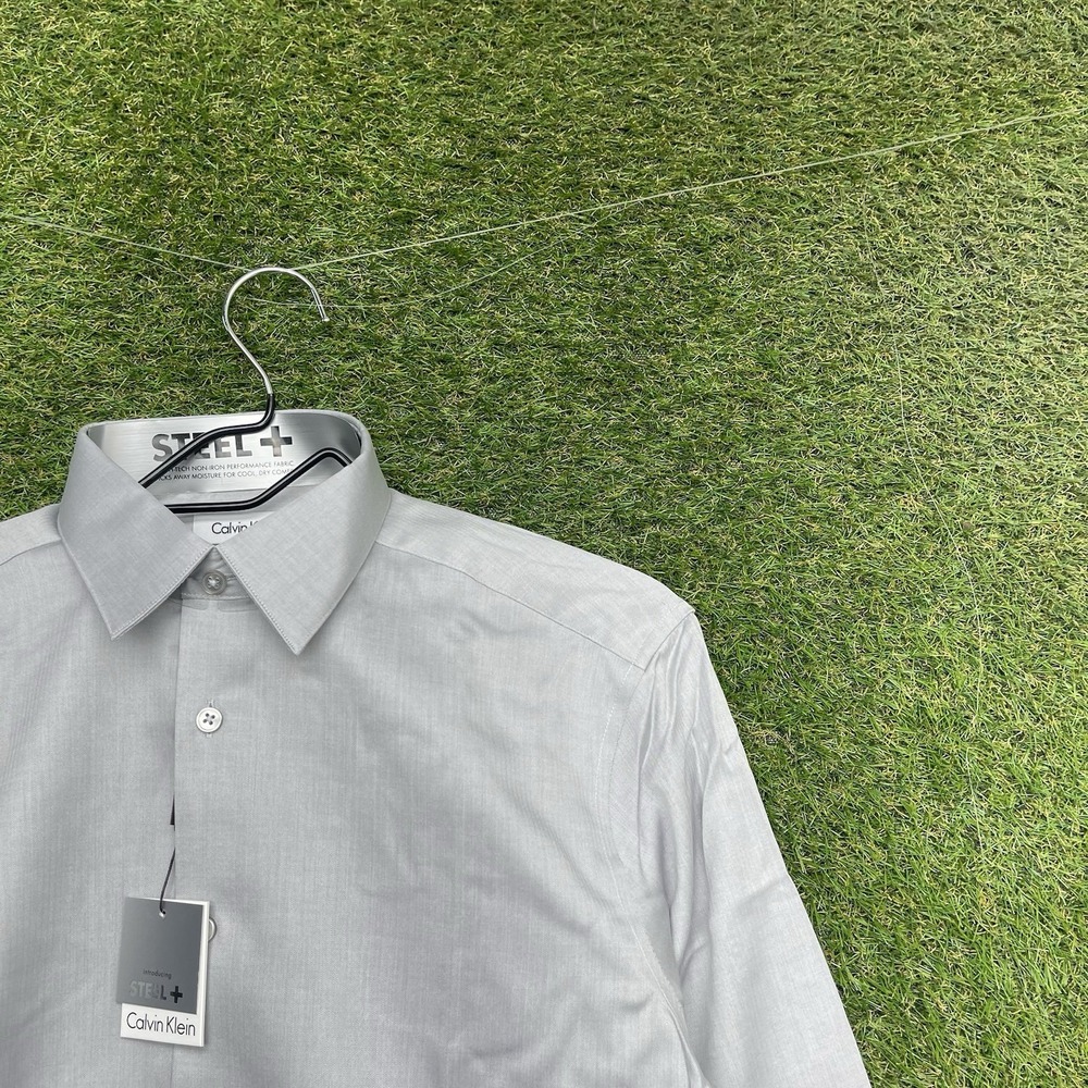 Calvin Klein Steel+ Dress Shirt Mens 15.5 32/33 Slim Fit Grey Smoke Performance